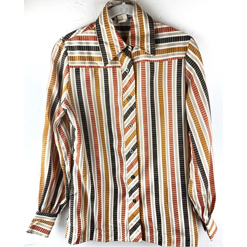Vintage 70s Contessa Monique by Florence Alper Womens Brown Stripes Shirt Size 8